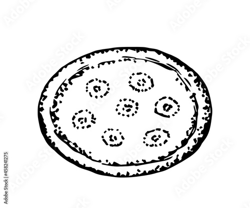 Simple hand-drawn vector drawing in black outline. Tandoor cake, traditional oriental cuisine. Flour products, round bread.