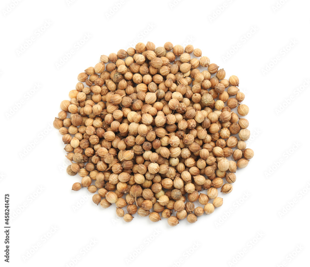 Heap of dried coriander seeds on white background, top view Heap of dried coriander seeds on white background, top view