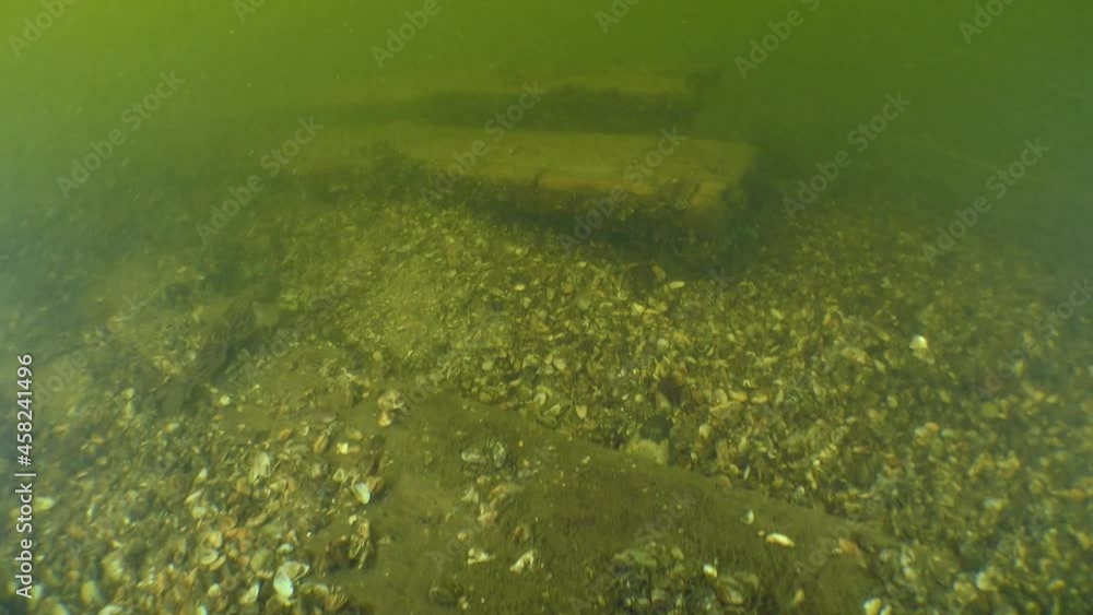 Archaeological research: the bottom of a 17-18 century wooden ship disintegrated into separate planks, Dnieper River, Ukraine.