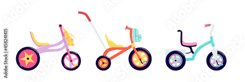 Colored tricycles isolated. Set of drawn bright children's bicycles with backpacks. Flat vector illustration of pedal vehicles for girls and boys on a white background.