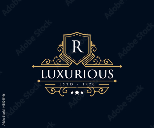 Vintage luxury ornamental logo with floral ornament. Suitable for whiskey, alcohol, beer, brewery, wine, barber shop, coffee shop, tattoo studio, salon, boutique, hotel, shop signage restaurant hotel 