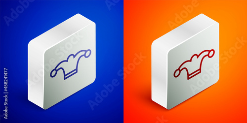 Isometric line Jester hat with bells isolated on blue and orange background. Clown icon. Amusement park funnyman sign. Silver square button. Vector photo