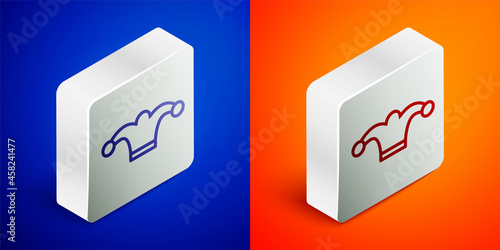 Isometric line Jester hat with bells isolated on blue and orange background. Clown icon. Amusement park funnyman sign. Silver square button. Vector