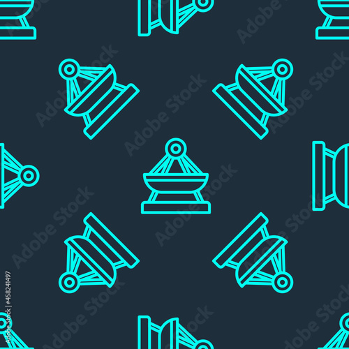 Green line Boat swing icon isolated seamless pattern on blue background. Childrens entertainment playground. Attraction riding ship, swinging boat. Amusement park. Vector