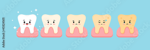 Cute tooth dental plaque stages icon set. Kawaii teeth character on different stages of color changes development. Flat cartoon vector illustration. Dental hygiene, whitening and treatment concept.