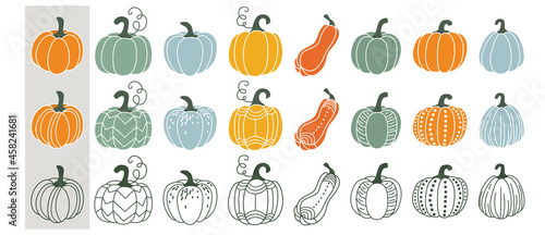 Cute pumpkin set vector illustration. Gourd in different style, outline, flat simple modern, doodle isolated on white background. For thanksgiving, halloween, autumn harvest design