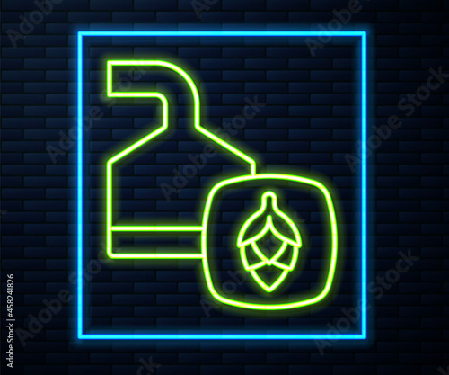 Glowing neon line Traditional brewing vessels in brewery icon isolated on brick wall background. Beer brewing process. Distillery plant, brewery. Vector