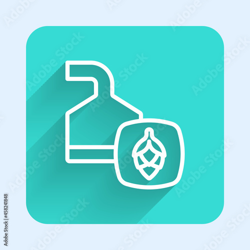 White line Traditional brewing vessels in brewery icon isolated with long shadow background. Beer brewing process. Distillery plant, brewery. Green square button. Vector