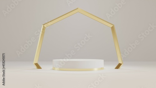 3D rendering of white and gold color podium with minimal background of gold diamond pipe. Stage show mockup with shapes and geometry.