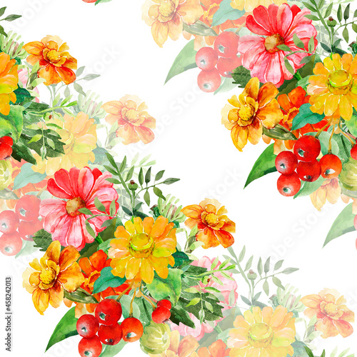 Autumn bouquet with viburnum.Branch watercolor seamless pattern.Image on white and colored background.