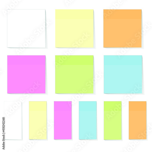 Colorful sticky notes on white background. Colored self-adhesive stickers. Vector isolated images with place for your text.