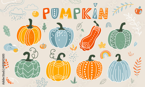 Pumpkin vector illustration in flat naive simple modern style. Autumn decorative gourd, leaves, rainbow, clouds for thanksgiving, halloween, harvest design isolated on white background