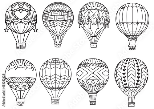 8 designs of hot air balloon for printing, engraving, laser cutting, paper cutting or coloring page. Vector illustration.