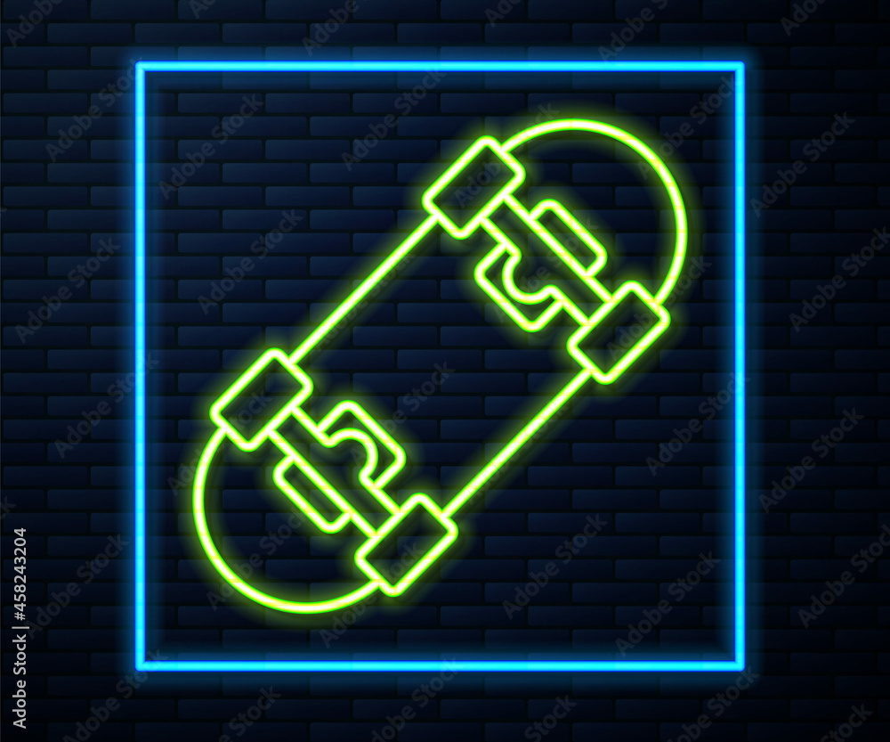 Glowing neon line Skateboard icon isolated on brick wall background. Extreme sport. Sport equipment. Vector Glowing neon line Skateboard icon isolated on brick wall background. Extreme sport. Sport equipment. Vector