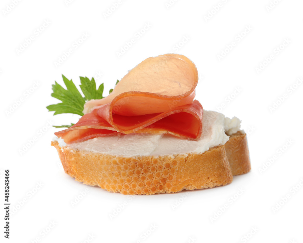 Delicious sandwich with cream cheese, jamon and parsley isolated on white Delicious sandwich with cream cheese, jamon and parsley isolated on white