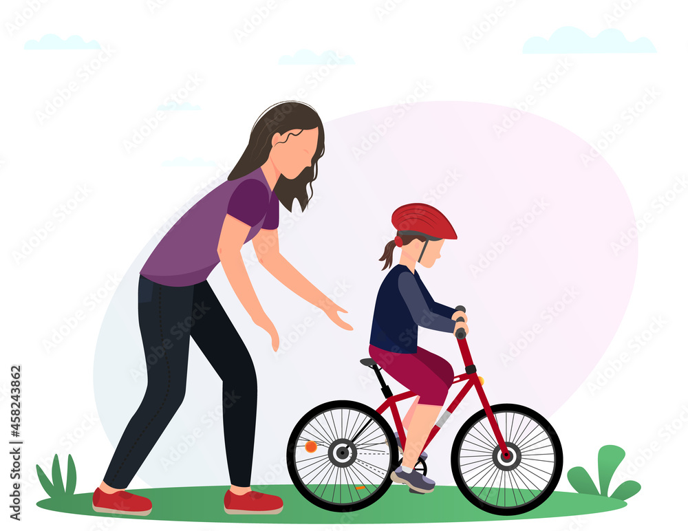 Young  woman or mother teaching a girl in the helmet to ride a bike, healthy lifestyle concept, sport activity concept, flat vector 