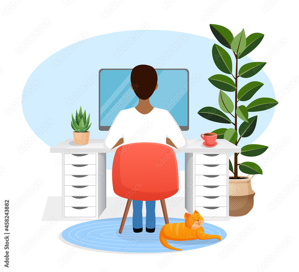 Male freelancer sits at a desk working at home at a computer. Back view of the guy. Remote work, office at home, programming. Study at home in quarantine. Vector illustration. Cozy workspace. Male freelancer sits at a desk working at home at a computer. Back view of the guy. Remote work, office at home, programming. Study at home in quarantine. Vector illustration. Cozy workspace.