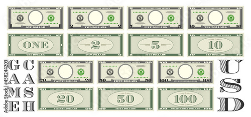 Set of fictional game paper money in the style of US dollars. Gray obverse and green reverse of banknotes with denominations of one, two, five, ten, 20, 50 and 100. Empty round in center