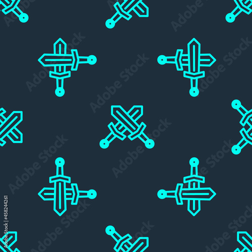 Green line Crossed medieval sword icon isolated seamless pattern on blue background. Medieval weapon. Vector