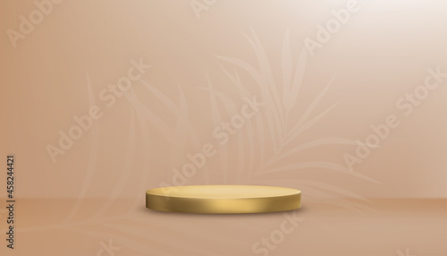 Beige Studio room with golden cylinder podium, Gallery room with yellow gold stand and palm leaves on wall background.Vector 3D minimal scene for product presentation in earth tone concept