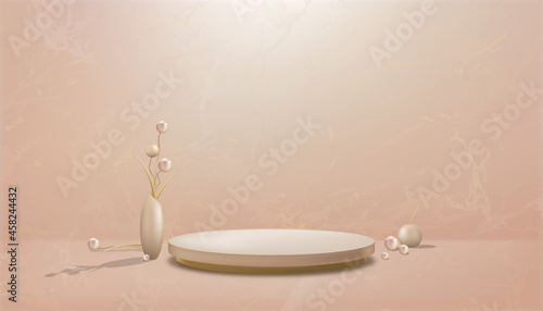 Studio room with podium and flowers ball in vase on marble floor background,Gallery room with sport light on pastel wall backdrop.Vector illustration 3D minimal scenery for product presentation