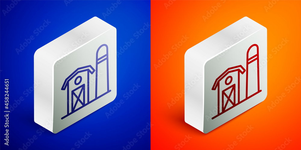 Isometric line Farm house icon isolated on blue and orange background. Silver square button. Vector Isometric line Farm house icon isolated on blue and orange background. Silver square button. Vector