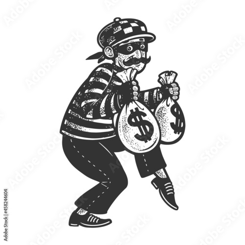 thief with stolen bags of money dollars sketch engraving vector illustration. T-shirt apparel print design. Scratch board imitation. Black and white hand drawn image.