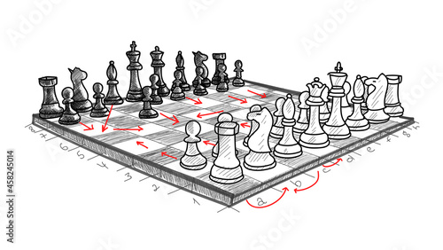 Illustration of board with chess pieces. Strategy for winning