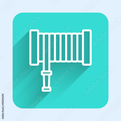 White line Fire hose reel icon isolated with long shadow background. Green square button. Vector
