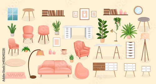 Set of furniture for the bedroom, hallway, living room, office. Collection of items for the interior of an apartment, office, home. Vector illustration in flat cartoon style. Housing elements.