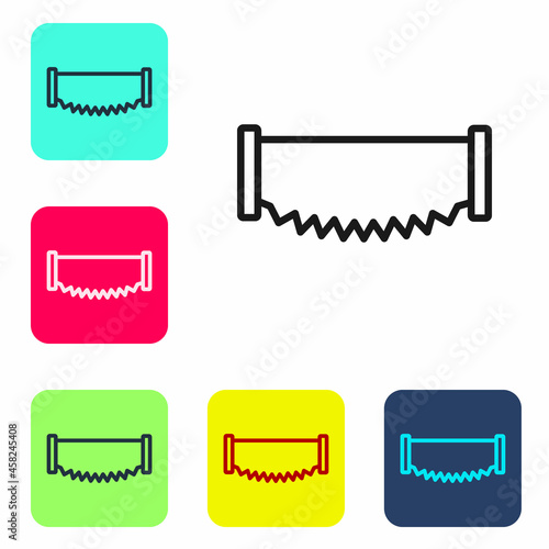 Black line Two-handed saw icon isolated on white background. Set icons in color square buttons. Vector