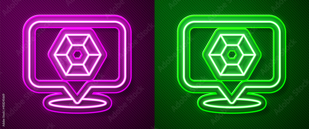 Glowing neon line Gem stone icon isolated on purple and green background. Jewelry symbol. Diamond. Vector Glowing neon line Gem stone icon isolated on purple and green background. Jewelry symbol. Diamond. Vector