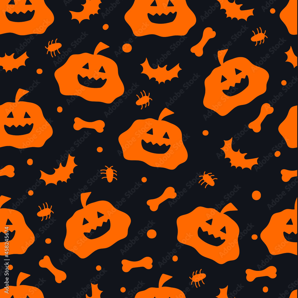 Halloween seamless pattern. Black background with pumpkins, bats, spiders, bones. Halloween background