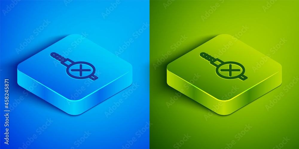 Isometric line No audio jack icon isolated on blue and green background. Audio cable for connection sound equipment. Plug wire. Musical instrument. Square button. Vector Isometric line No audio jack icon isolated on blue and green background. Audio cable for connection sound equipment. Plug wire. Musical instrument. Square button. Vector