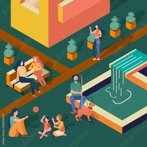 Peope relaxing outside, walking, woman playing with children, blind man and dog near fountain