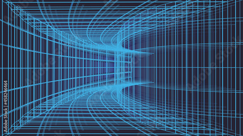 Tunnel or wormhole. Latticed wireframe tunnel. 3D grid. Abstract vector Background