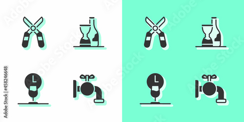 Set Tap for a barrel, Gardening scissors, Wine time and Bottle of wine icon. Vector