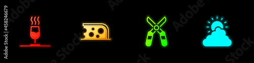 Set Wine tasting, degustation, Cheese, Gardening scissors and Sun and cloud weather icon. Vector