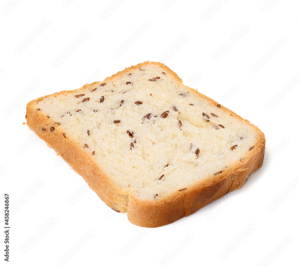 fresh square slice of white wheat flour bread with flax seeds on white background fresh square slice of white wheat flour bread with flax seeds on white background