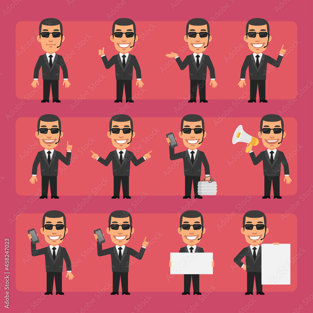 Young security guard in black suit in different poses and emotions Pack 2. Big character set Young security guard in black suit in different poses and emotions Pack 2. Big character set