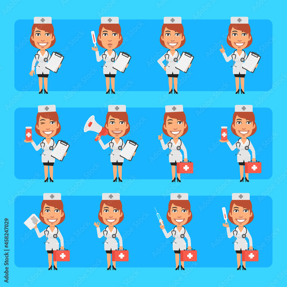 Young nurse in different poses and emotions Pack 1. Big character set Young nurse in different poses and emotions Pack 1. Big character set