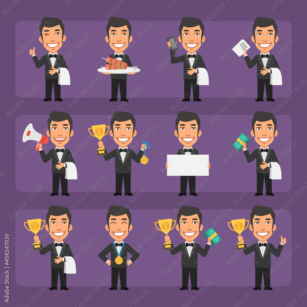 Young waiter in black suit in different poses and emotions Pack 1. Big character set Young waiter in black suit in different poses and emotions Pack 1. Big character set