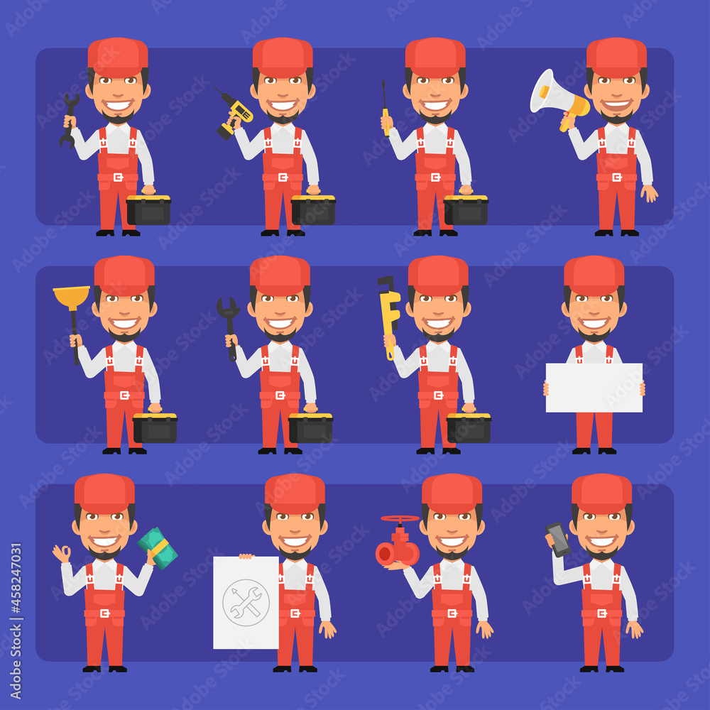 Young repairman in uniform in different poses and emotions. Big character set
