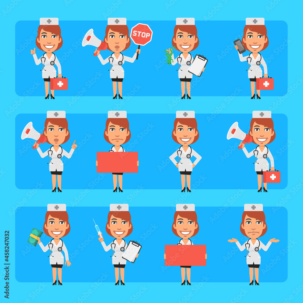 Young nurse in different poses and emotions Pack 2. Big character set Young nurse in different poses and emotions Pack 2. Big character set