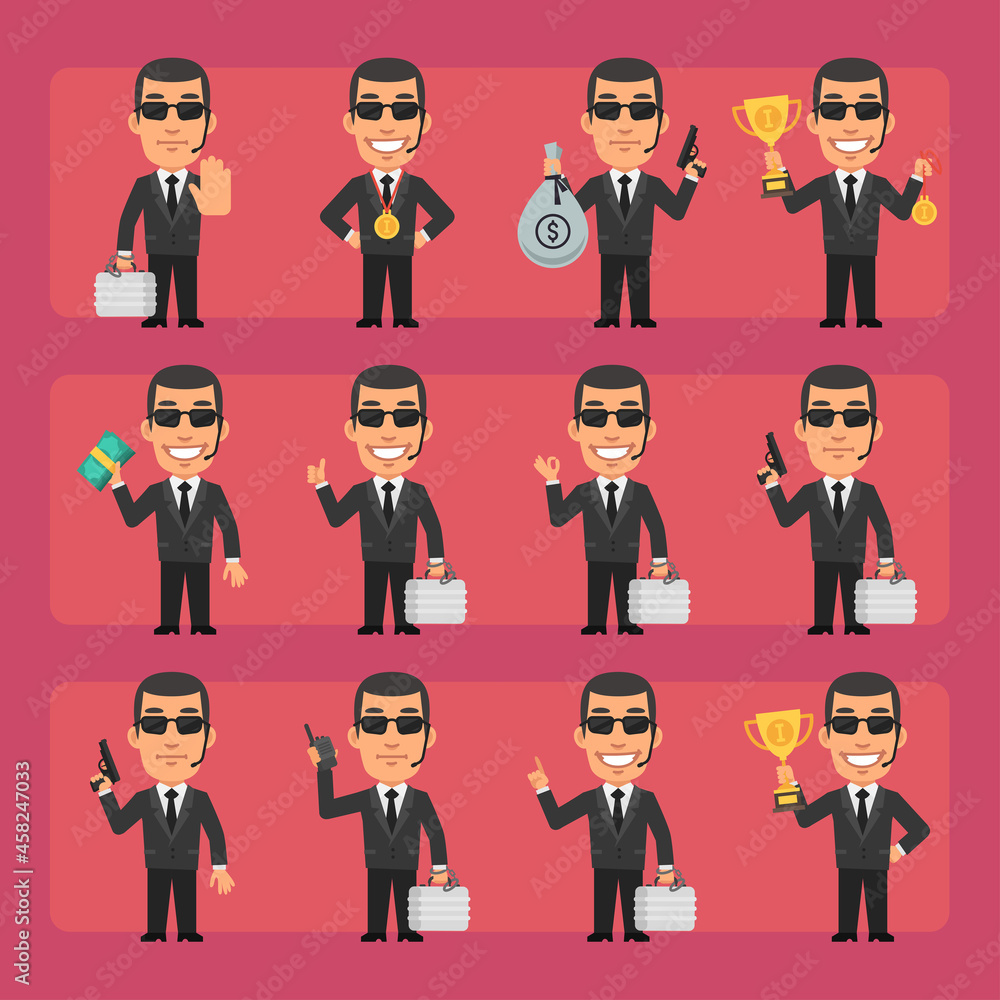 Young security guard in black suit in different poses and emotions Pack 1. Big character set Young security guard in black suit in different poses and emotions Pack 1. Big character set