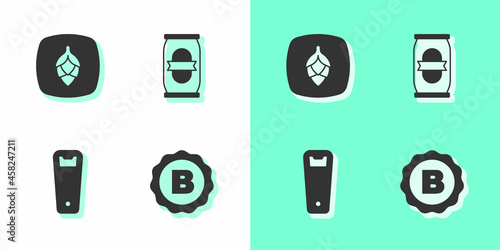 Set Bottle cap with beer, Hop, opener and Beer can icon. Vector