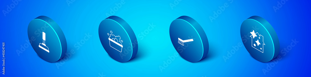 Set Isometric Rubber plunger, Brush for cleaning, Home service and Basin with soap suds icon. Vector Set Isometric Rubber plunger, Brush for cleaning, Home service and Basin with soap suds icon. Vector