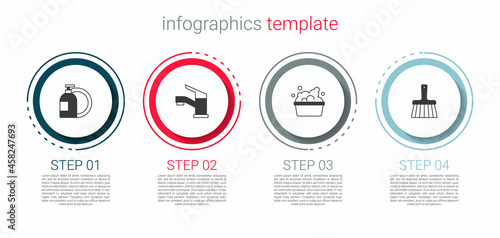 Set Dishwashing liquid bottle, Water tap, Basin with soap suds and Handle broom. Business infographic template. Vector