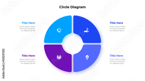 Circle diagram divided into 4 segments. Concept of four options of business project management. Vector illustration for data analysis visualization