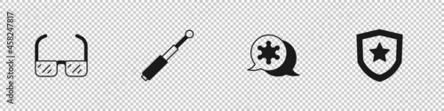 Set Safety goggle glasses, Telescopic baton, Hexagram sheriff and Police badge icon. Vector